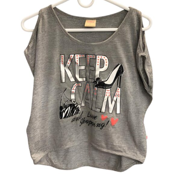 💖 Keep Calm And Love Shopping Gray Graphic Cutout Shoulder Top – Size M - Picture 1 of 6